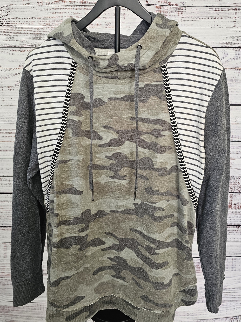 Maurices Women's Olive Camo Stripe-Panel Crewneck Hoodie Tunic